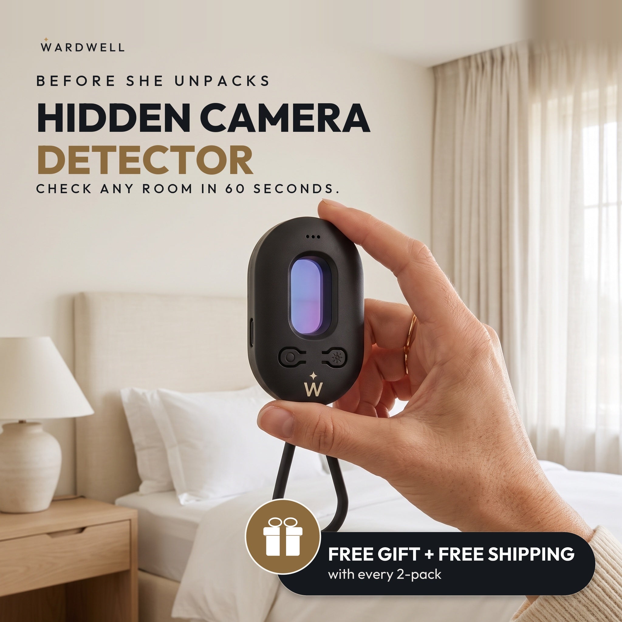 Wardwell Room Check Kit hidden camera detector held up in a bedroom