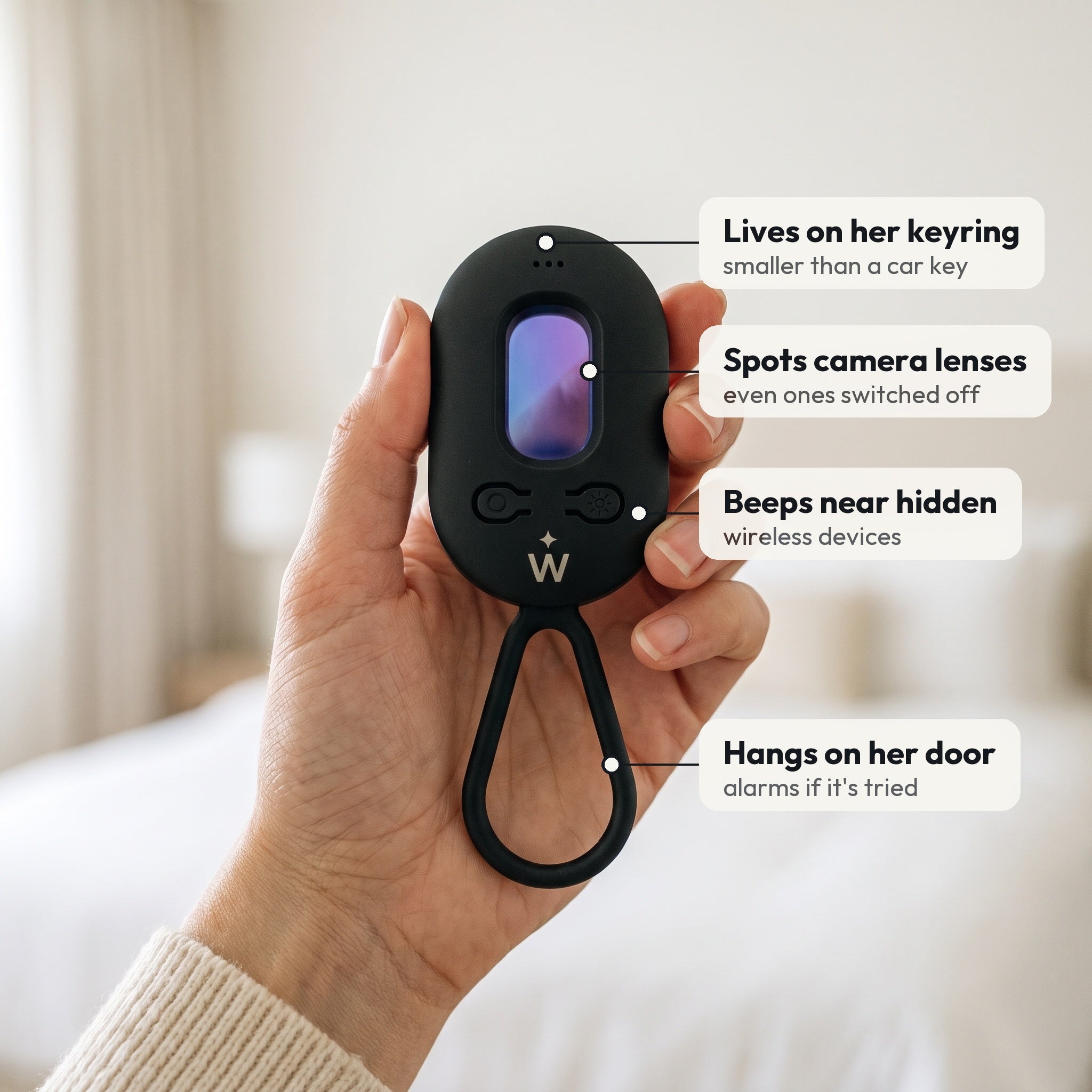 Wardwell detector features: keyring size, lens finder, wireless signal beep, door alarm